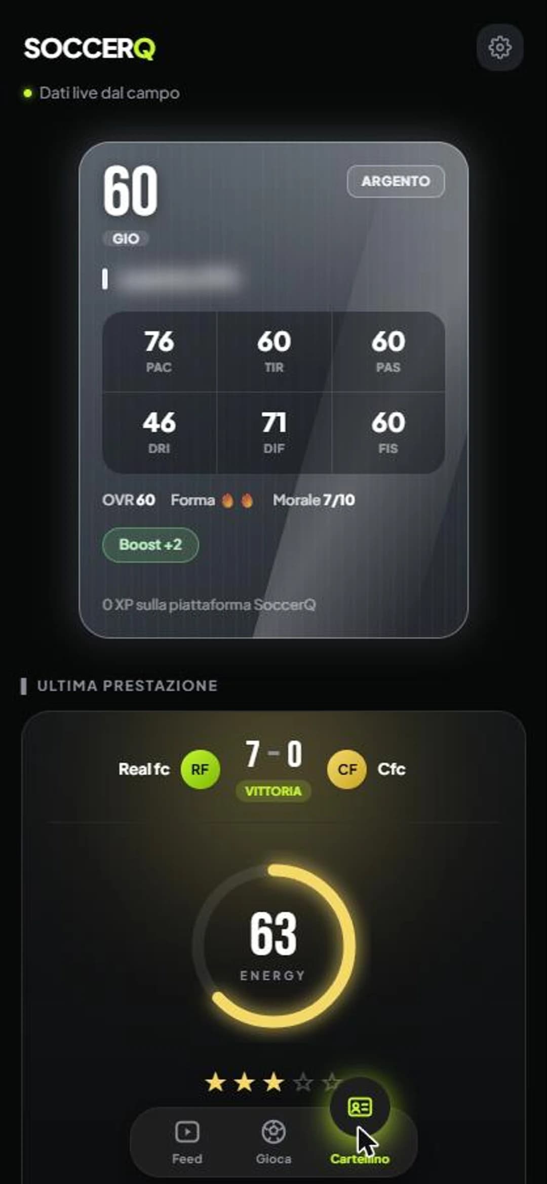SoccerQ app — Player card