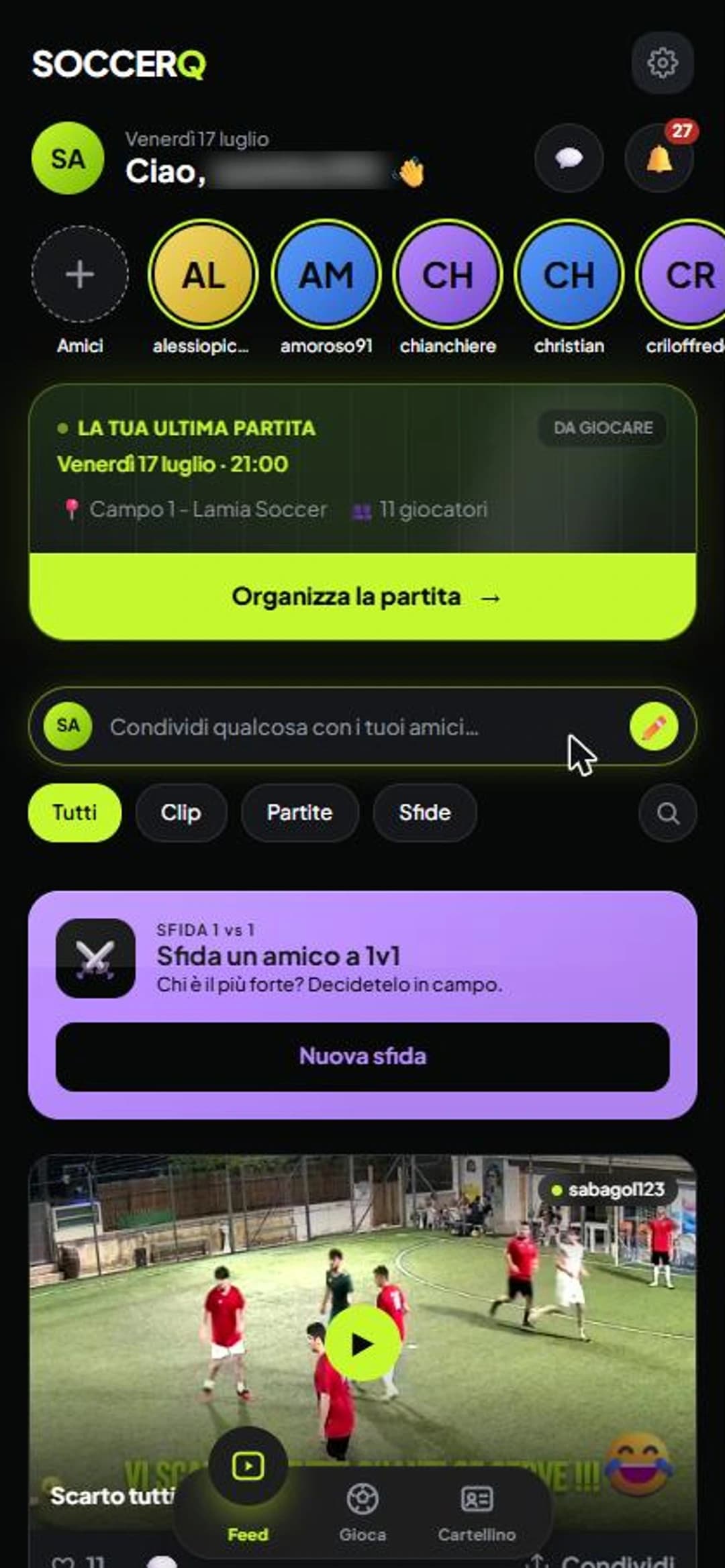 SoccerQ app — Feed